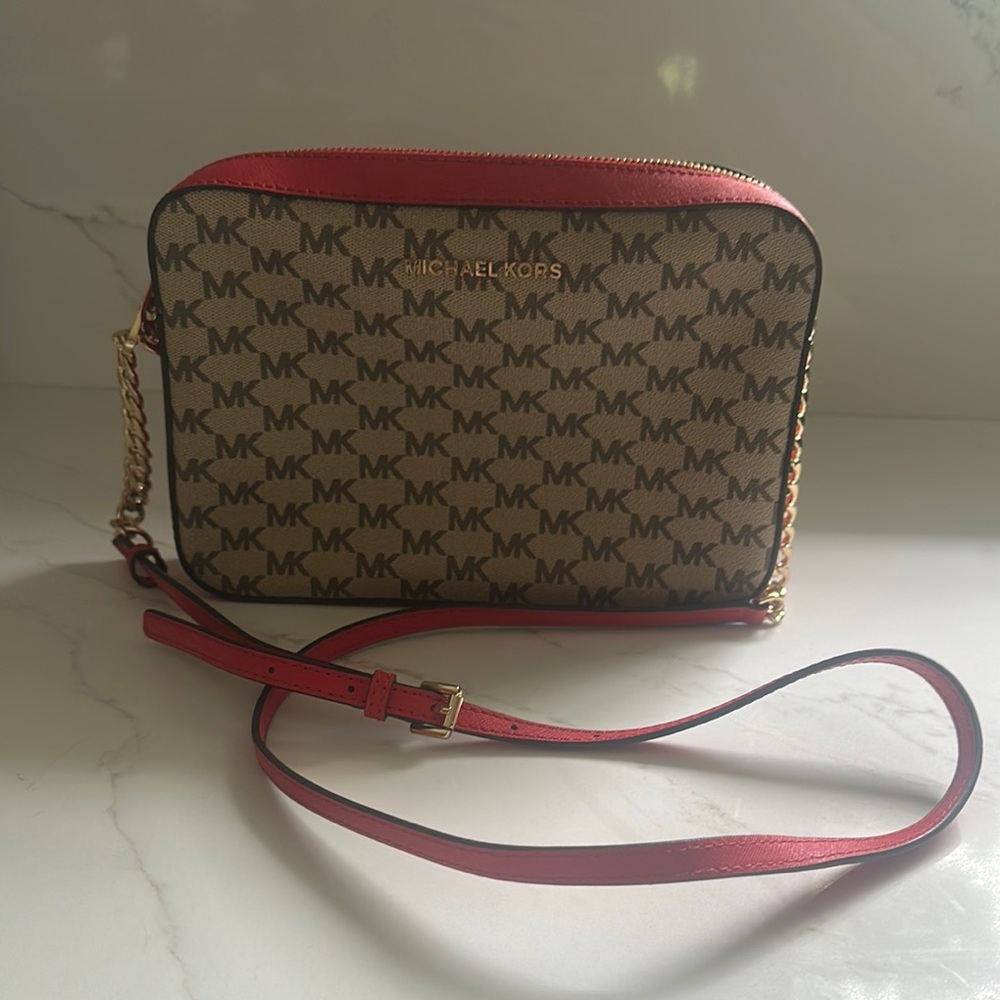 Michael Kors Red and Brown Crossbody Bag with Gold Hardware